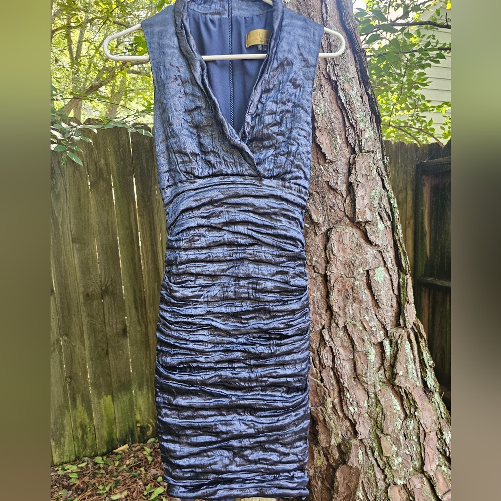 Nicole Miller Blue Metallic Ruched Sheath V-Neck mini Dress Made In USA Fits XS